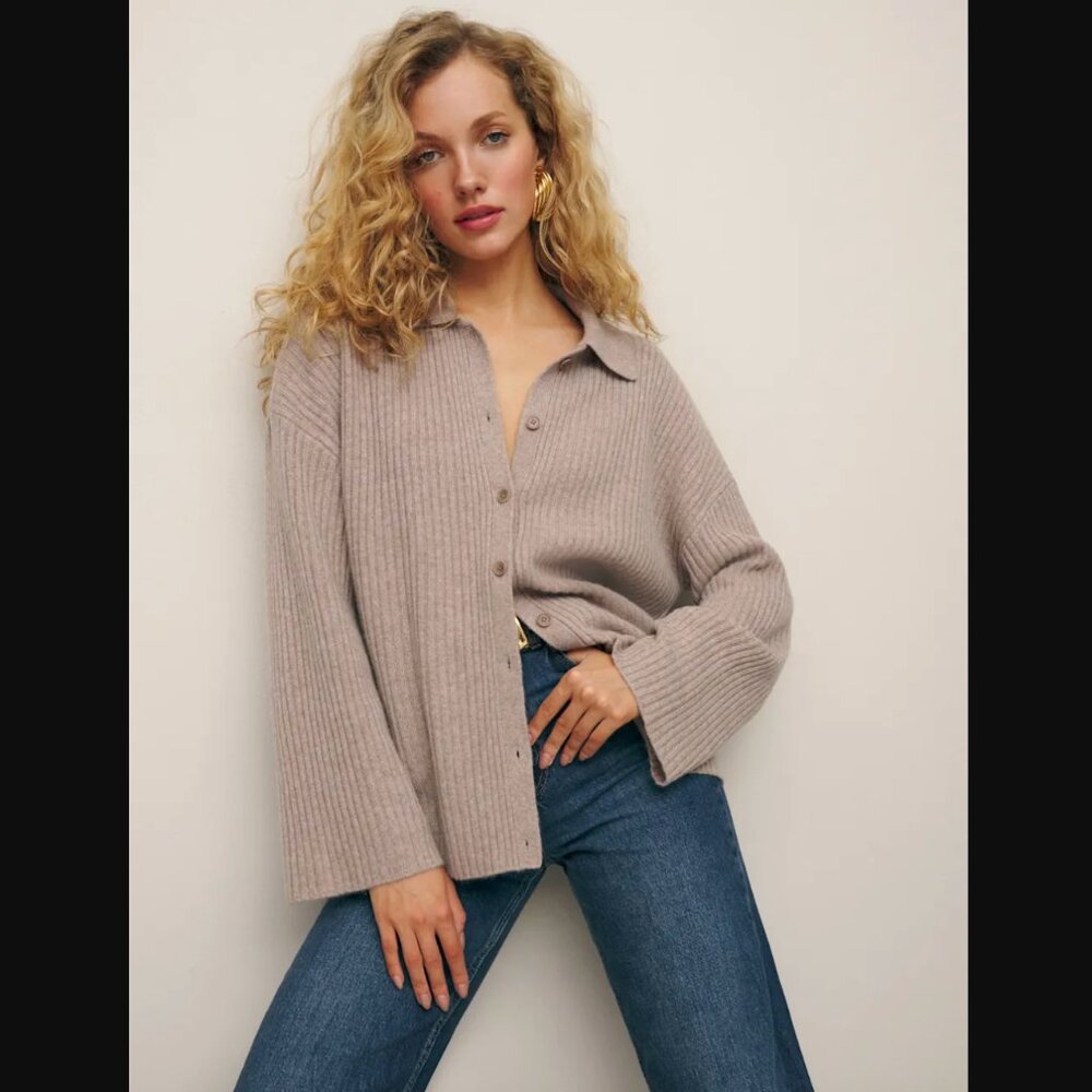 NWOT Reformation Fantino Cashmere Collared Cardigan in Oatmeal | Size S